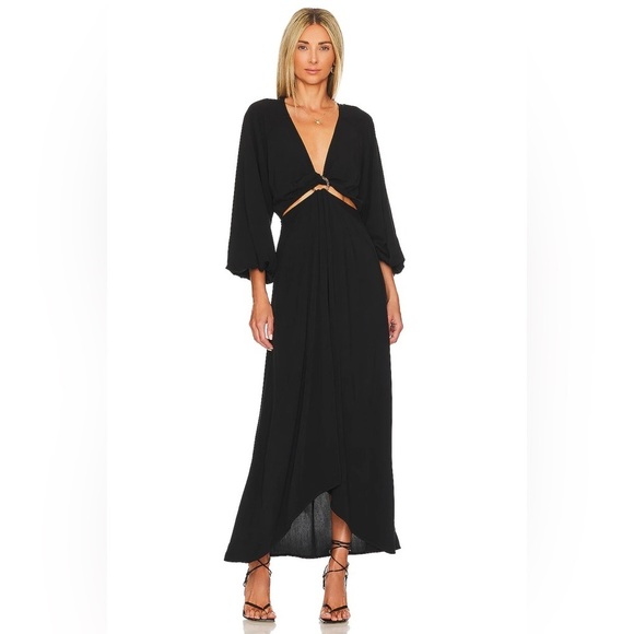L*Space Colette Dress Waist Cutout Deep V Neck Blouson Sleeve Black Size Medium - Picture 1 of 12